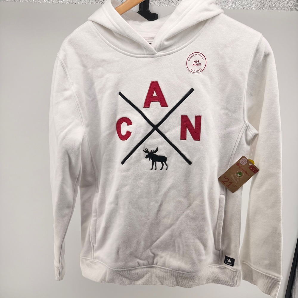 Canadiana Kids White Graphic Moose Canadian Maple Leaf Hoodie‎ XL 14-16 NWT